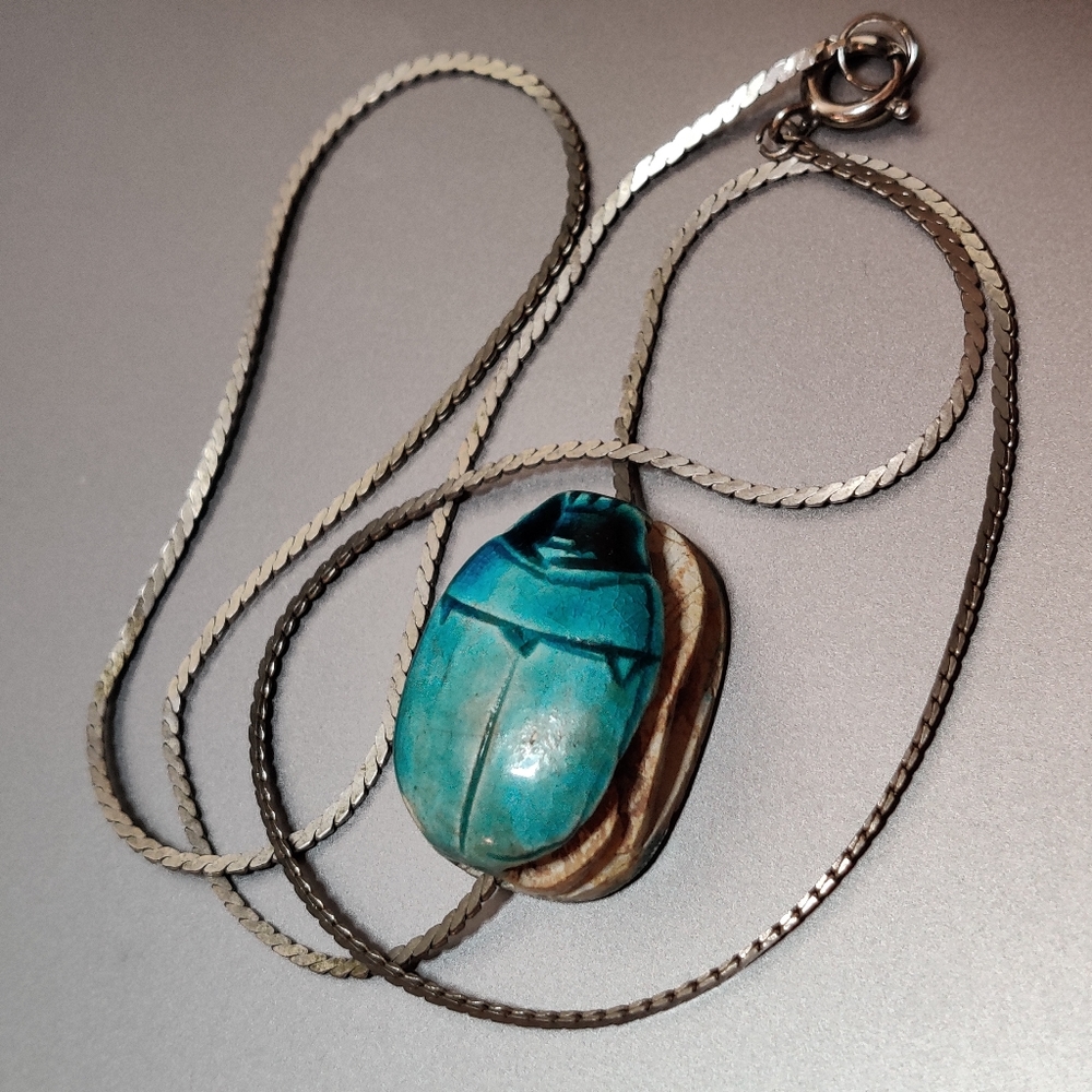 Vintage Egyptian Faience Scarab Necklace